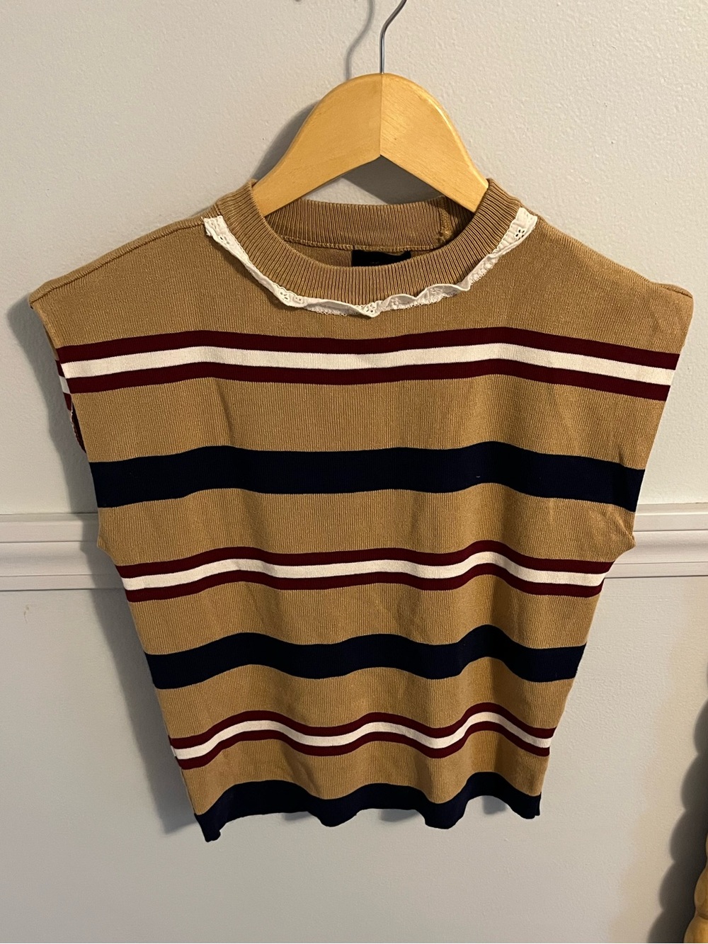 Striped Sleeveless Sweater Top in Camel with Navy & Burgundy with Lace trim